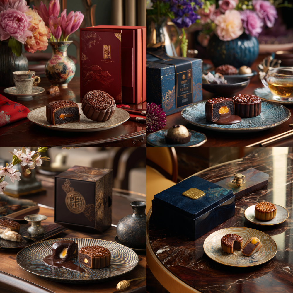 On the empty dining table, there is a plate of high-end mooncakes, one of which is cut open and flows out with chocolate, while the other has egg yolk inside. The overall look is very high-end and elegant. Next to it is a Chinese mooncake gift box