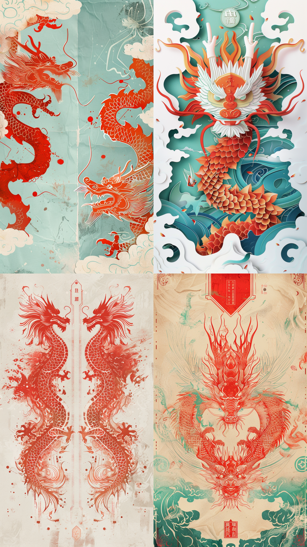 Vertical poster, traditional Chinese paper-cutting art in bright red, symmetrical dragon and phoenix pattern, placed on soft rice paper texture, edges dissolving into glowing digital particles, abstract geometric light lines hidden in the cutouts, minimal elegant layout, modern museum poster style, celadon green and misty blue accents  --ar 9:16  --v 6.0  --q 2  --style raw