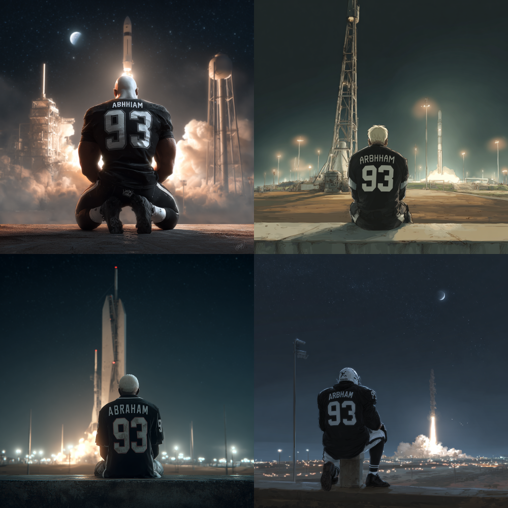 Please help me generate a realistic style of a man's back view. He is sitting on a high platform at night, facing a rocket that has just been launched. He has white Backhead and is wearing a black No. 93 "Abraham" Tight-fitting football uniform