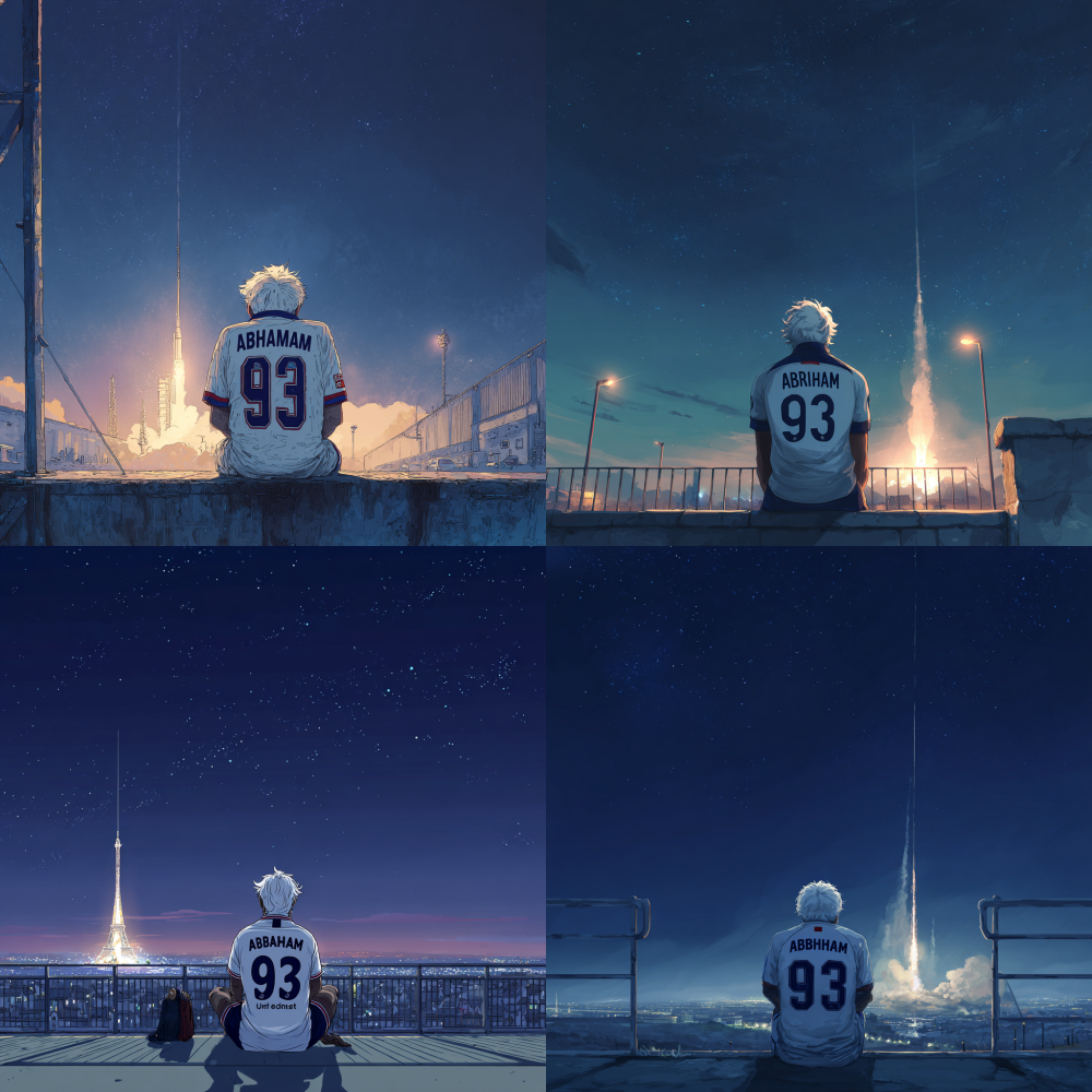 Please help me generate a realistic man's back view. He is sitting on the railing of a high platform at night, facing the scene of a rocket just launched. He has white hair and is wearing the French team's No. 93 football jersey with the words "Abraham" written on it.