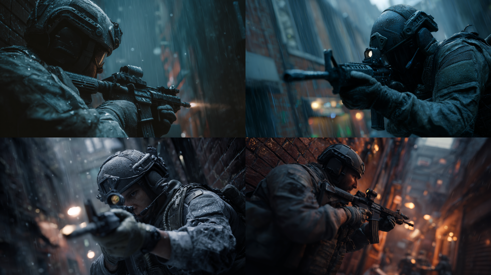 A heroic Delta Force operator in a dark, rain-slicked urban alley, aiming a assault rifle with a laser sight. Cinematic lighting, dramatic shadows, volumetric fog, hyper-realistic, Unreal Engine 5 render, 8k, detailed facial expression --ar 16:9