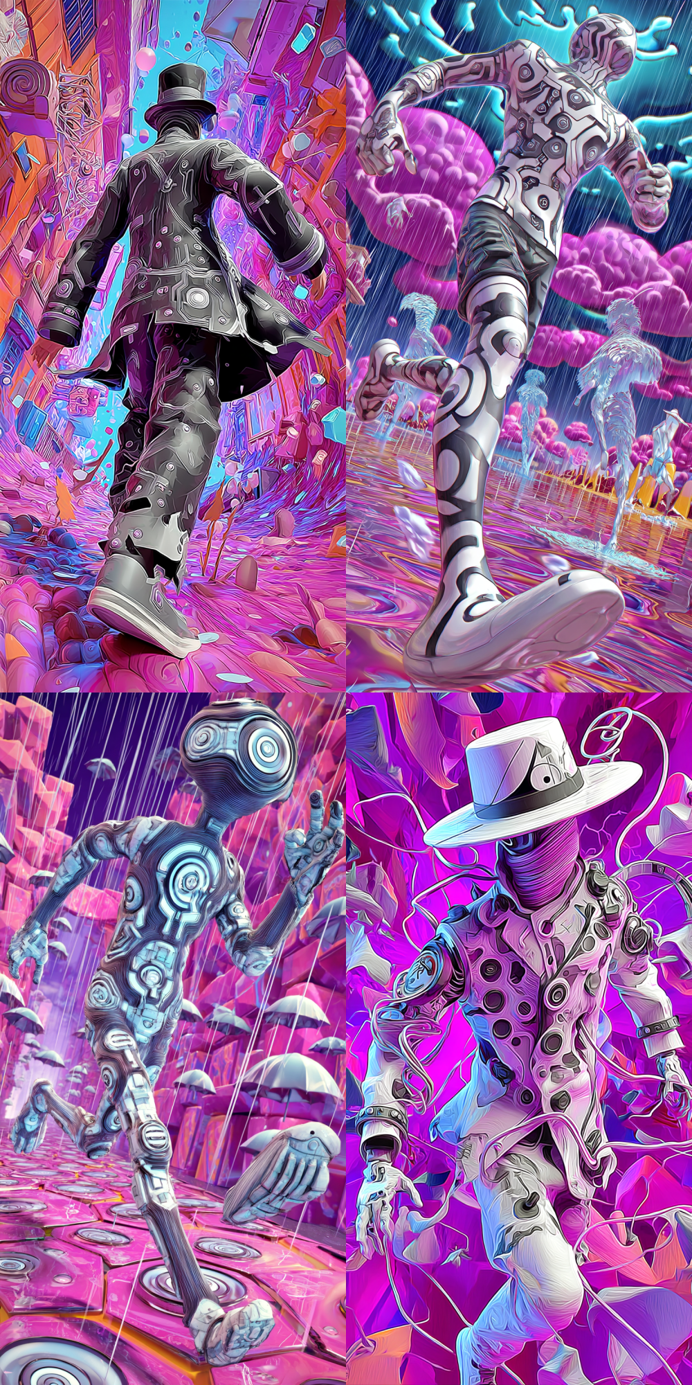 A lone figure running through neon-lit rain, wearing a tattered suit with glowing circuit patterns, dynamic motion blur capturing frenetic energy --c 10 --s 100 --sref 1589344371 1677920710 --ar 1:2
