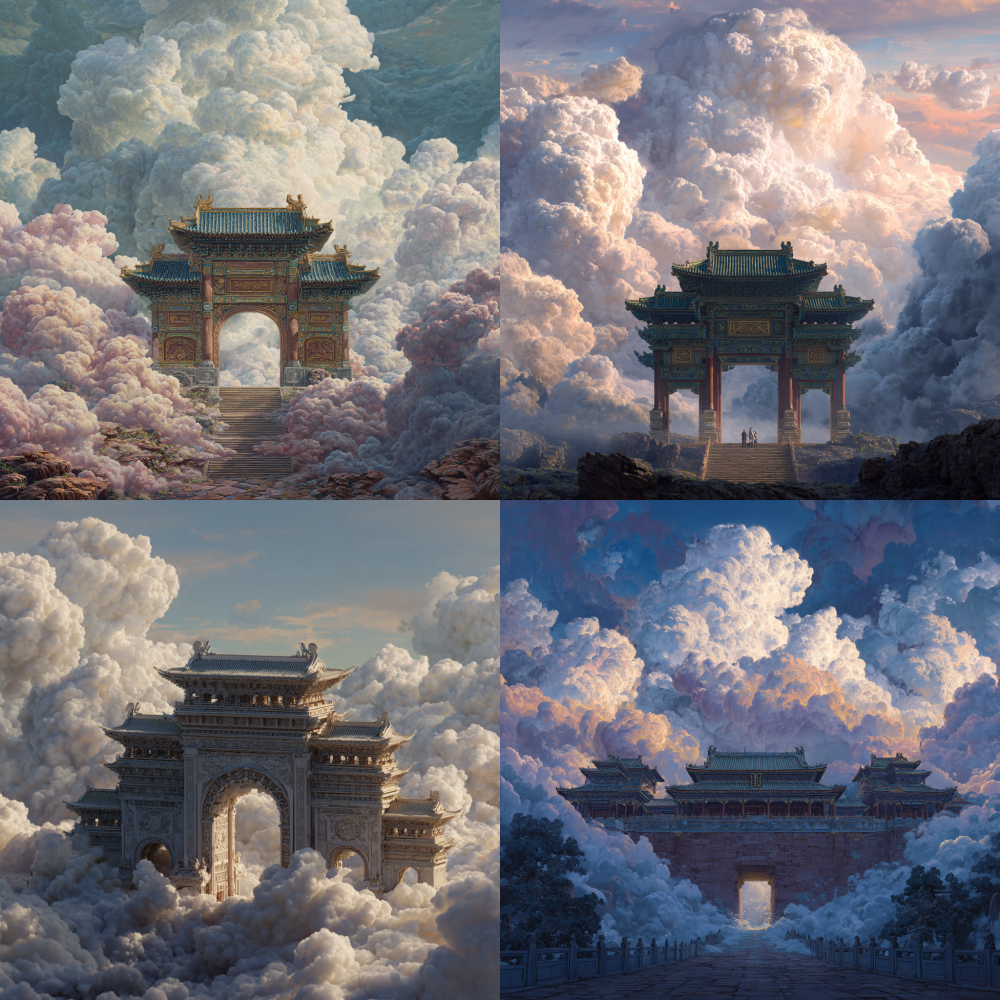 The majestic gateway of the Chinese celestial realm, the Southern Heavenly Gate, harmoniously intertwined with a tapestry of clouds, evoking a sense of wonder and imagination.
