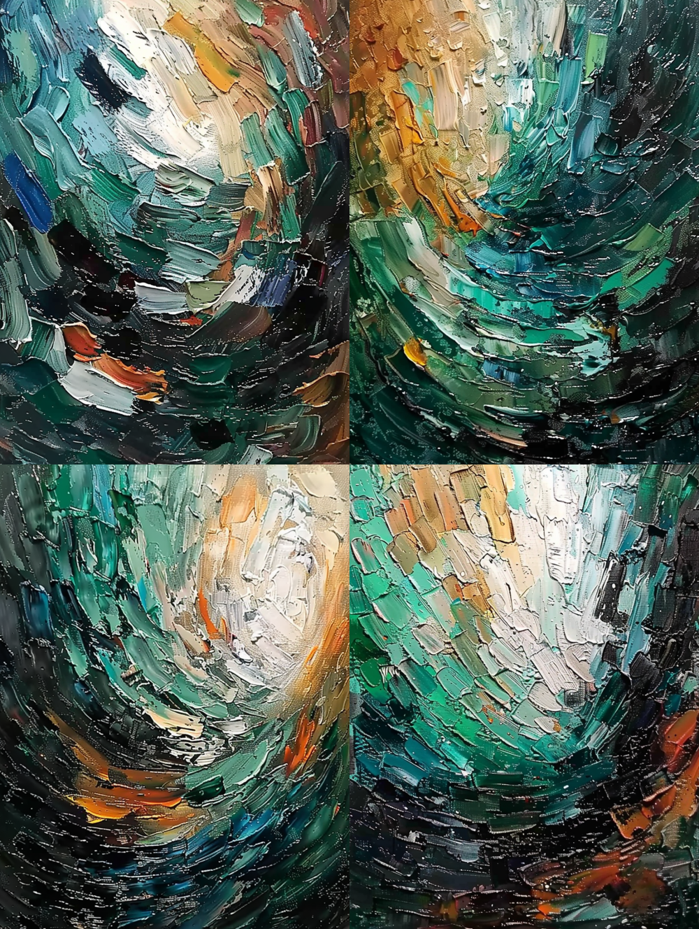 < https://oc.superx360.com/img/1784174244577.png > This artwork showcases an abstract style executed with a thickly textured impasto technique. The bold and visible strokes from a palette knife create a sense of movement, evoking a swirling rhythm throughout the composition. The color scheme shifts from the deep blacks and dark teal greens in the lower left to the lively emerald, sage, and pale mint greens at the center. The upper right area contrasts with warm hues of copper, rust orange, and ochre, which gradually blend into a bright cream white and white highlights towards the upper center. The substantial paint layers effectively capture light, resulting in a pronounced three-dimensional appearance and a surface that invites touch. --ar 3:4 --iw 2 --v 6