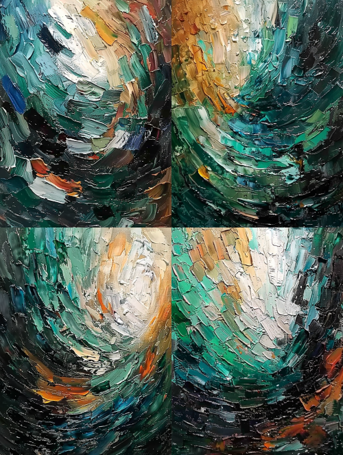 < https://oc.superx360.com/img/1784174244577.png > This artwork showcases an abstract style executed with a thickly textured impasto technique. The bold and visible strokes from a palette knife create a sense of movement, evoking a swirling rhythm throughout the composition. The color scheme shifts from the deep blacks and dark teal greens in the lower left to the lively emerald, sage, and pale mint greens at the center. The upper right area contrasts with warm hues of copper, rust orange, and ochre, which gradually blend into a bright cream white and white highlights towards the upper center. The substantial paint layers effectively capture light, resulting in a pronounced three-dimensional appearance and a surface that invites touch. --ar 3:4 --iw 2 < https://oc.superx360.com/img/1784174244577.png > This artwork showcases an abstract style executed with a thickly textured impasto technique. The bold and visible strokes from a palette knife create a sense of movement, evoking a swirling rhythm throughout the composition. The color scheme shifts from the deep blacks and dark teal greens in the lower left to the lively emerald, sage, and pale mint greens at the center. The upper right area contrasts with warm hues of copper, rust orange, and ochre, which gradually blend into a bright cream white and white highlights towards the upper center. The substantial paint layers effectively capture light, resulting in a pronounced three-dimensional appearance and a surface that invites touch. --ar 3:4 --iw 2