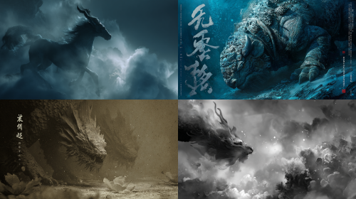 Chinese mythology creature, Shan Hai Jing,【kylin】, ink wash style, bioluminescent, cinematic lighting, 8K,	中式奇幻, 电影质感，墨基底 + 东方美学，3D动态 + 光影大片感，神秘感 → 震撼 → 温情/哲思.   --ar 16:9  --v 7