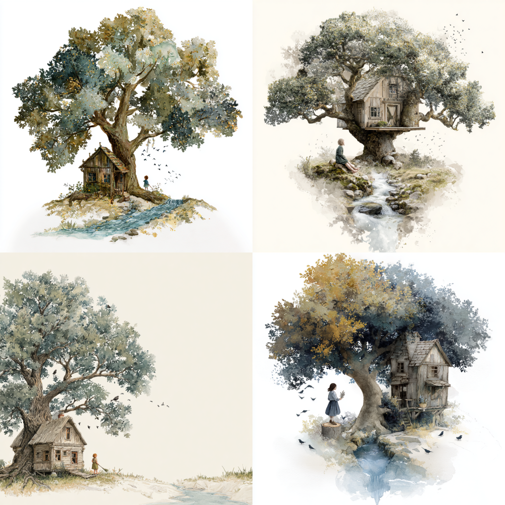 A wooden house was built among the branches of a large oak tree, with a little girl holding a silver top needle and starlings chirping on top of the leaves. Behind it was a sparkling cross shaped stream, painted in a watercolor style with a pure white background 