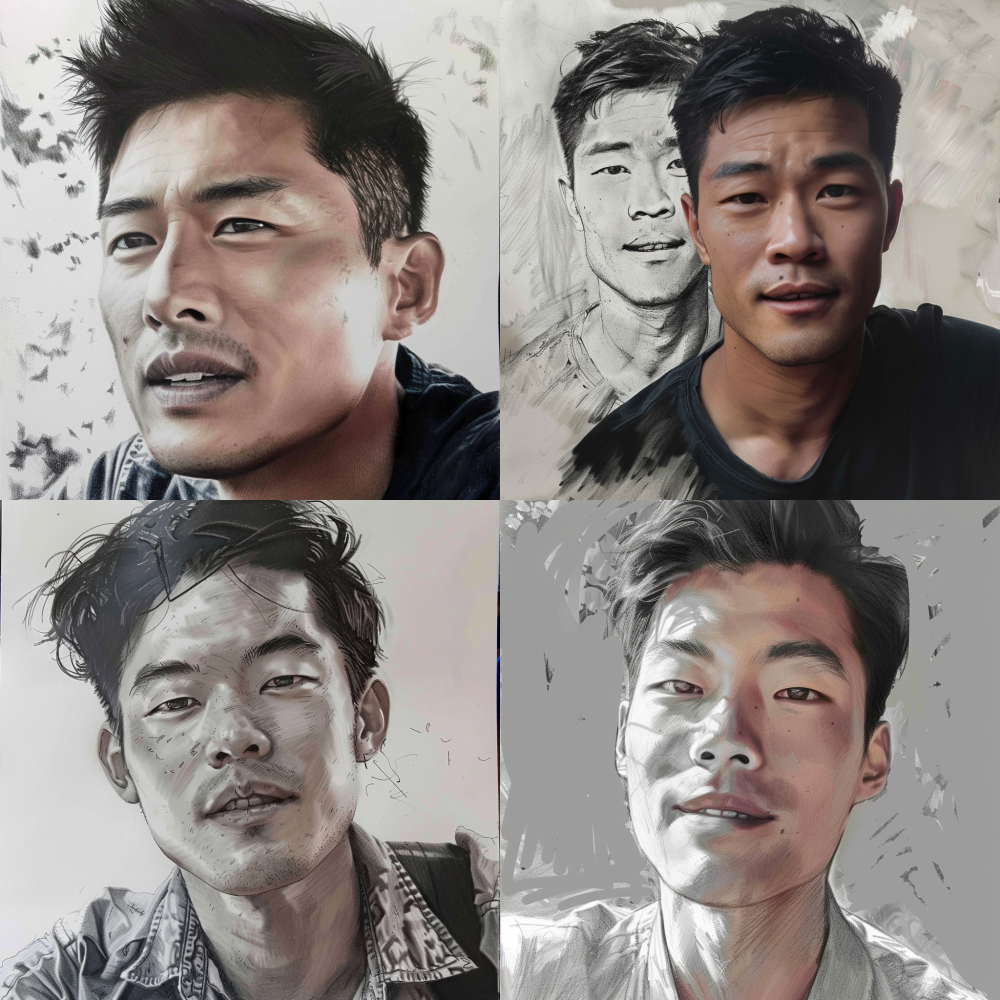 Half body portrait, don't imitate all the details of the original image, you need to process something else yourself, change the character's clothing, posture, and background. Picture format, < https://oc.superx.chat/img/1774362929989.png > A 33-year-old Asian man, linear sketch, pencil drawing lines, high contrast, sketches, traditional media, half-length portrait1:1 --v 6