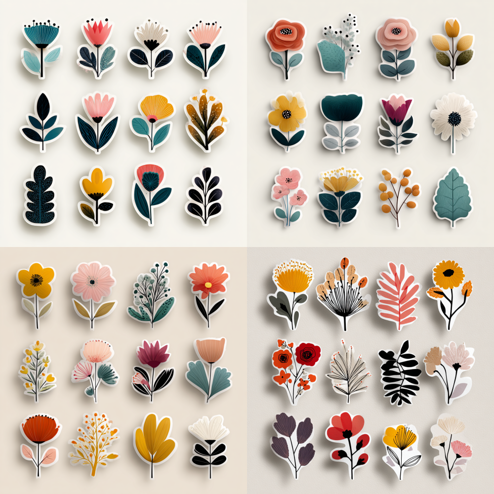 A collection of stylized floral sticker designs featuring flat vector graphics and minimalist 2D silhouettes. The color palette is streamlined, with no outlines or shadows applied and no intricate details, set against a pure white background.  --stylize 150