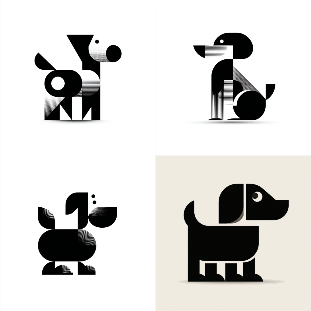 A minimalist flat vector graphic of an abstract dog, composed of simple rounded geometric shapes against a pure white background. Monochrome black.