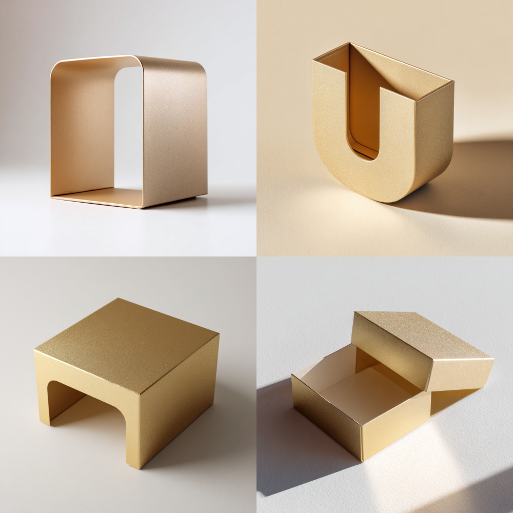 A sturdy U-shaped gift box made of matte gold cardstock paper. Clean sharp edges, standing on a white surface. Soft shadow, minimalist style, studio photography, hyper-realistic.