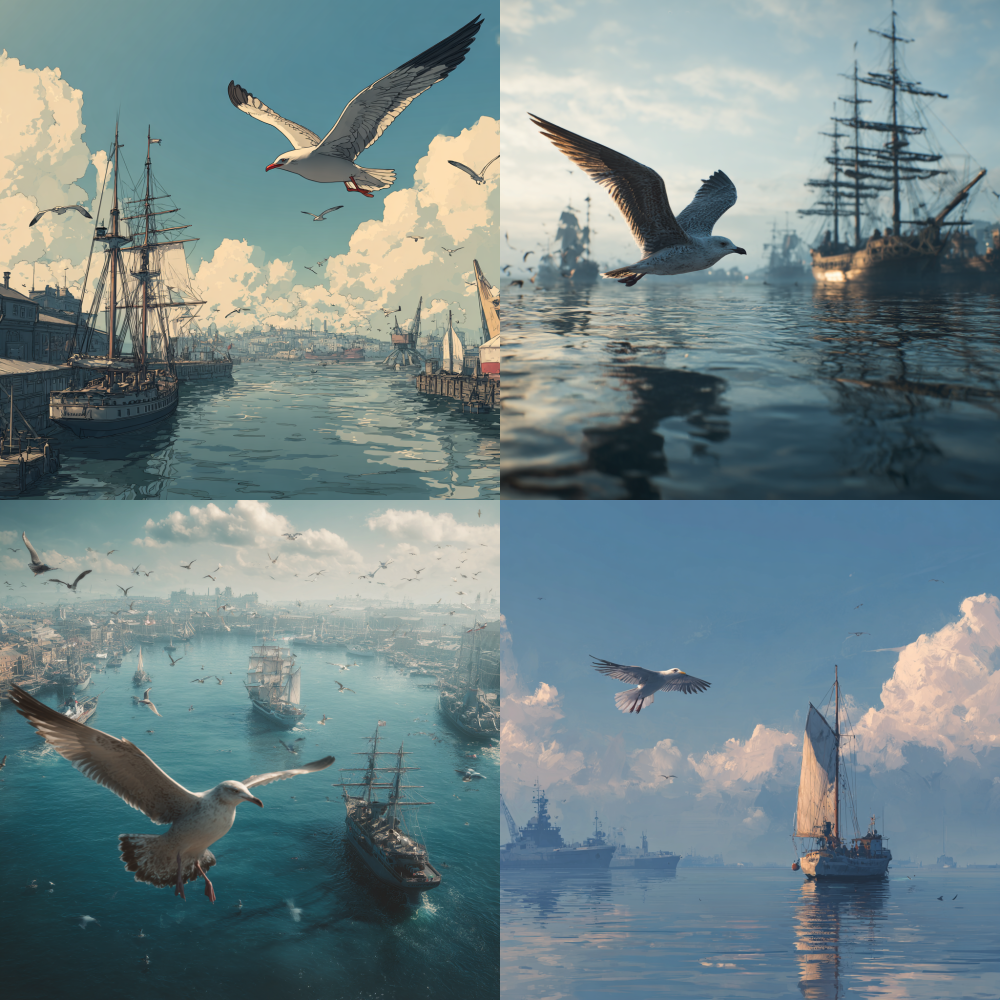 Please help me generate a scene image of a seagull, a sailboat, and a warship on the sea around the vast harbor. 