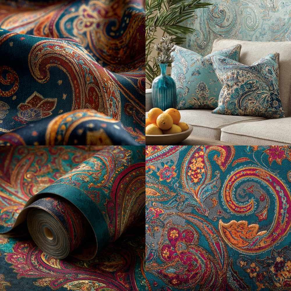 exquisite paisley print with intricate patterns and vibrant colors, showcasing a harmonious blend of traditional and contemporary design elements