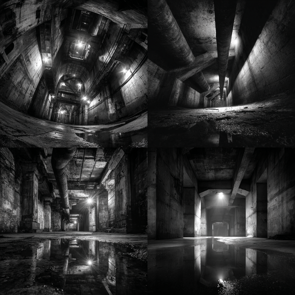 (masterpiece, best quality, ultra-detailed, 8k resolution, professional photography),black and white comic,monochrome,no color,(extremely high contrast:1.6),strong dramatic lighting,chiaroscuro (light and shadow contrast),Scene: urban ruins,abandoned basement,large underground facilities,core of abandoned factory,underground tunnels,cluster of cooling pipes,**(dynamic perspective:1.5),(strong perspective:1.6),three-point perspective,wide-angle lens,fisheye lens (slightly),extreme depth of field,open view,huge spatial scale,**,Texture details: (super fine details:1.5),rough concrete,large cracks,exposed twisted rebar,thick rust,flaking industrial paint,moss,mold,water puddles,(perfect water reflection:1.4),condensation droplets,steam,mist,Lighting: cold moonlight,concentrated beams of light entering from high cracks,top light,strong side light,hard shadows,sharp shadows,volumetric light,Atmosphere: absolute silence,epic sense,grandeur,abandonment,post-apocalyptic,desolation,humidity,cold,mystery,awe-inspiring,Composition: low angle shot,leading line composition,(emphasizing the magnificence of the scene:1.4),Style: ink wash,printmaking,etching,industrial design drawings,cinematic feel,grainy noise,