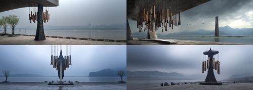 A monumental riverside wind chime landmark on the banks of the Yangtze River, seamlessly merging the ancient cultural symbolism of Chu-Han with contemporary public art. The central pillar, inspired by the legendary Sword of Goujian, ascends majestically like a sacred bronze totem—sharp, elegant, and exuding power, crafted from dark bronze with an exquisite aged patina and intricate gilded embellishments. Suspended from this grand structure are colossal wind chime elements, ingeniously derived from the forms and rhythmic arrangements of the Marquis Yi of Zeng’s Bianzhong bells, transformed into resplendent bronze chimes adorned with gilded edges, engraved patterns, and ancient ritual motifs, resonating with rich metallic tones. This captivating composition embodies the solemnity of Chu ritual music, the grandeur of Han cultural spirit, and the enigma of ancient Chinese bronze civilization. Nestled along the Yangtze waterfront, it is enveloped by a dramatic river landscape, shrouded in mist and wind, complemented by a stone plaza and expansive urban public space. A harmonious fusion of archaeology, ritual aesthetics, musical symbolism, and visionary cultural landmark design. Epic, majestic, elegant, rich in symbolism, realistic bronze material with gilded metal highlights, highly detailed, cinematic atmosphere, architectural concept rendering, world-class cultural installation.  --ar 84:30  --style raw