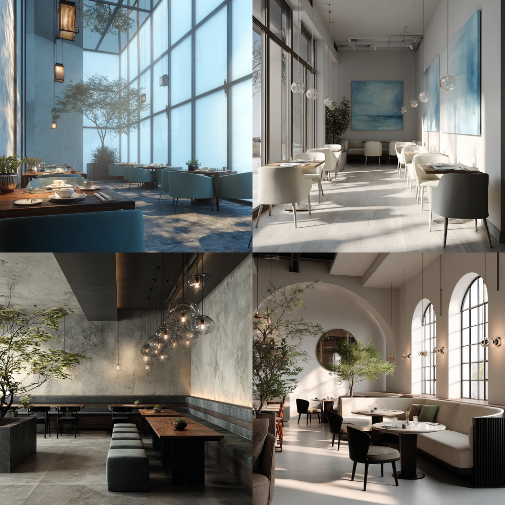 Create a captivating image of a serene, minimalist restaurant interior, exuding an air of tranquility and elegance.