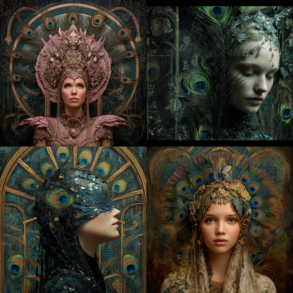 Based on this image, the headpiece and background feature peacock feather screen elements 