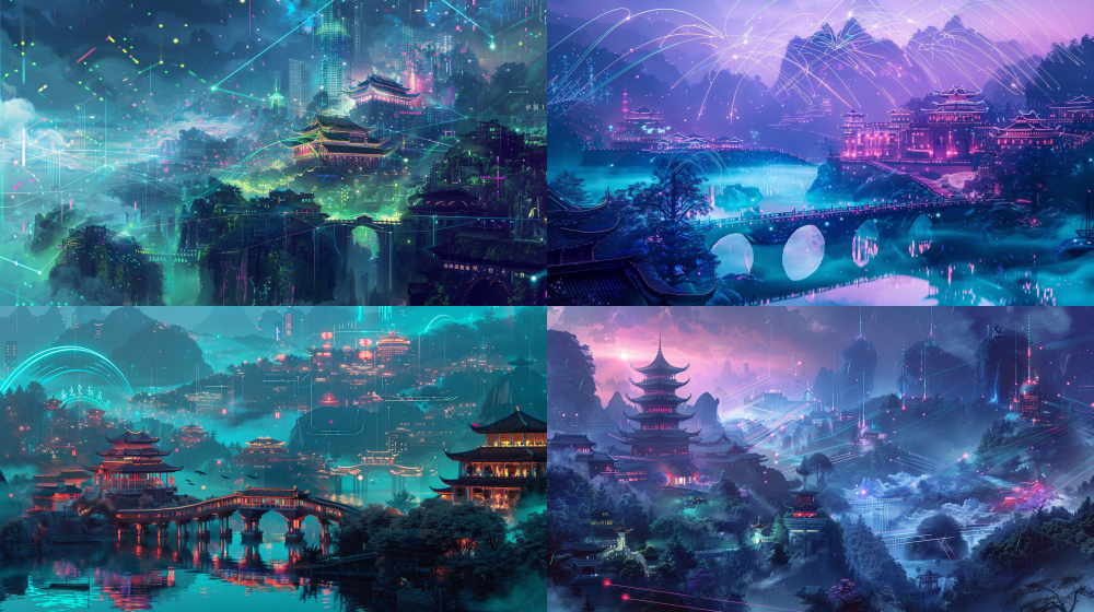 A futuristic city blending with traditional Chinese landscape, Zhejiang West Lake water waves, Wuzhen stone bridge, tea terraces, painted in ink-wash style, gradually merging into neon holographic grids and glowing lines, misty mountains with particle flows, surreal metaverse landmark, cinematic lighting, sci-fi atmosphere, vibrant colors (emerald green, deep blue, neon purple), ultra-detailed, dynamic composition --ar 16:9 --v 6.0 --q 2 --style raw