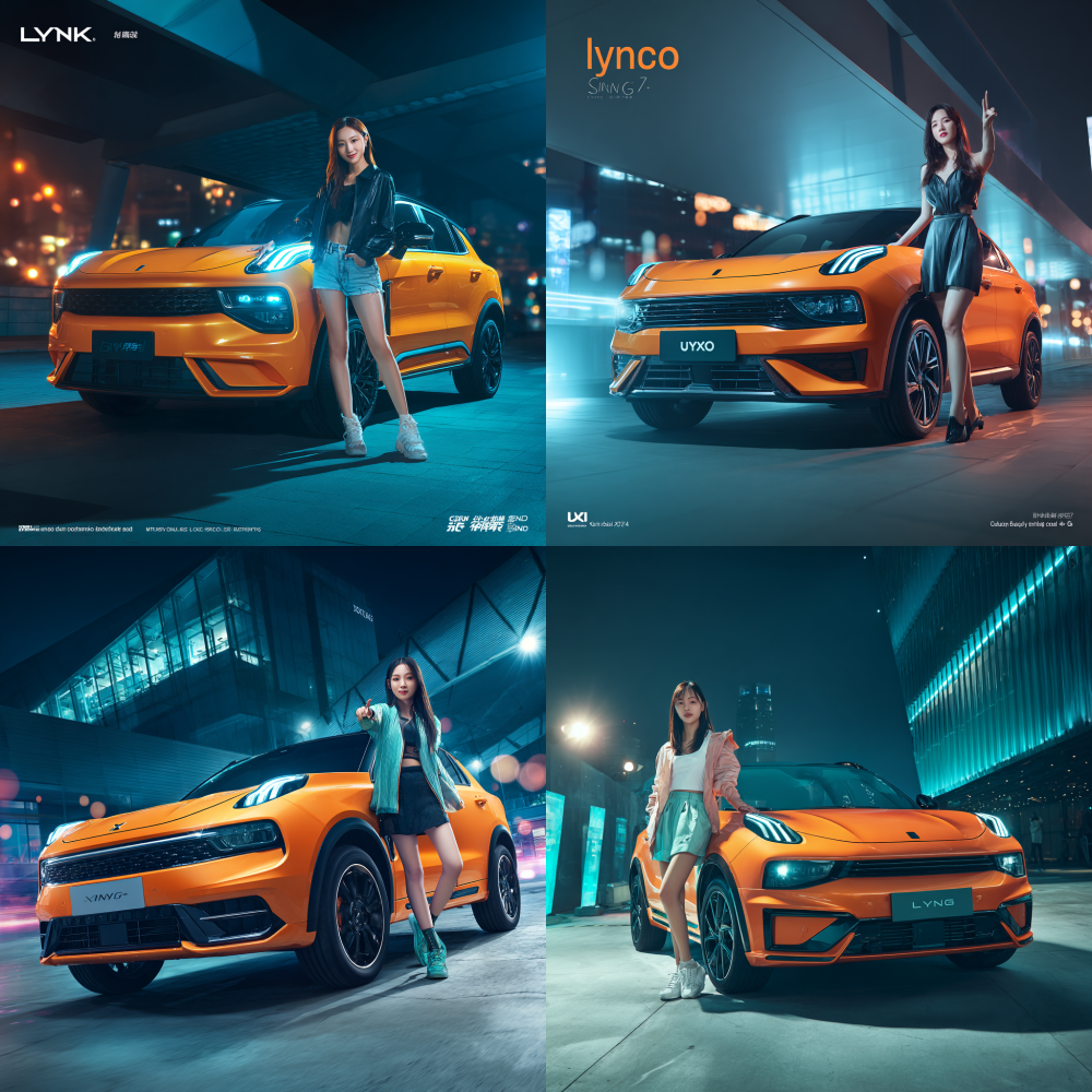 A promotional key visual (KV) for a car advertisement, featuring the beautiful and fashionable Asian pop idol Song Yuqi standing next a vibrant 【orange】 Lynk & Co 06 SUV. The car has its signature "Aurora Borealis" daytime running lights and a multi-layered front design. She is facing the camera with a confident and charming smile, reaching one hand towards the camera lens, playfully making a "number seven" hand gesture.Composition: dynamic low-angle shot, emphasizing the energetic and imposing presence of both the car and the person. Song Yuqi is the absolute focus.Scene: a modern urban street or parking garage, with blurred bokeh lights and geometric architectural lines in the background, creating a trendy and youthful atmosphere.Style: premium car advertisement, cinematic lighting, sharp details, 8K ultra-high definition. Vibrant colors and strong contrasts.Color palette: dominated by the vibrant 【orange】 of the car, accented by the model's common black wheels and trim, contrasted against a cool-toned (e.g., blue, gray) background.Aspect ratio: 16:9