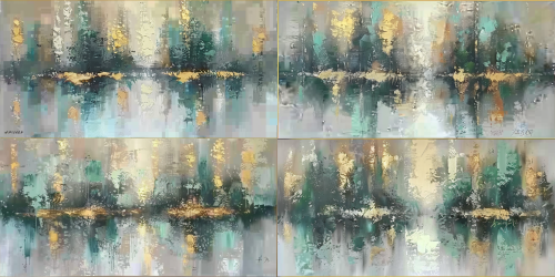 < https://oc.superx360.com/img/1786947744134.png > Handmade abstract wall painting Forest Reflection Gold Leaf Abstract Oil Painting Horizontal Misty Impasto Wall Art ,visible textured brushstroke. --ar 2:1 --v 6 --stylize 100  --iw 2