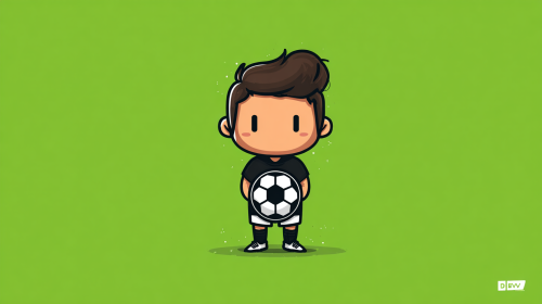 Cartoon football illustration, player version, simple and cute, no copyright team emblem, no real face, football themed graffiti, street style, bright colors, no game screen, no watermark, flat football icon, goal football, green background, minimalist, suitable for data review Q + --ar 16:9 --v 7 --stylize 100