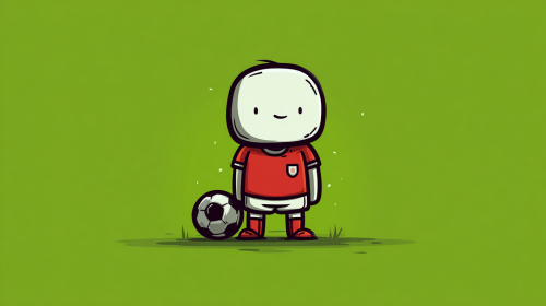 Cartoon football illustration, player version, simple and cute, no copyright team emblem, no real face, football themed graffiti, street style, bright colors, no game screen, no watermark, flat football icon, goal football, green background, minimalist, suitable for data review Q + --ar 16:9 --v 7 --stylize 100