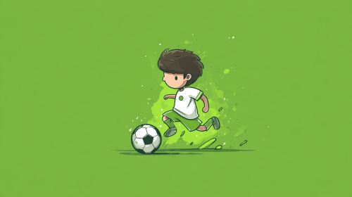 Cartoon football illustration, player version, simple and cute, no copyright team emblem, no real face, football themed graffiti, street style, bright colors, no game screen, no watermark, flat football icon, goal football, green background, minimalist, suitable for data review Q + --ar 16:9 --v 7 --stylize 100
