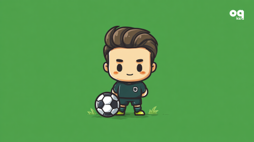Cartoon football illustration, player version, simple and cute, no copyright team emblem, no real face, football themed graffiti, street style, bright colors, no game screen, no watermark, flat football icon, goal football, green background, minimalist, suitable for data review Q + --ar 16:9 --v 7 --stylize 100