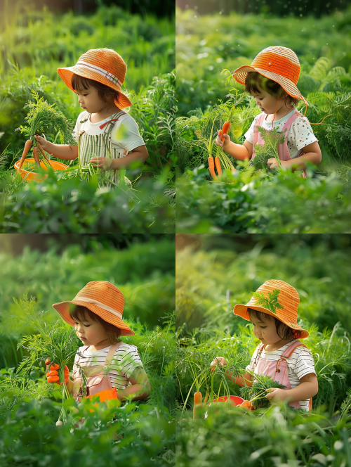 < https://oc.superx.chat/img/1776101593631.jpg > a child wearing an orange hat and white striped t-shirt is picking carrots in the green vegetable field, holding some fresh carrot leaves in their hand. the background of the photo shows endless green vegetables, with soft lighting creating a warm atmosphere. this scene highlights the natural scenery and adds elements such as hands to emphasize the activity of harvesting carrots. --ar 3:4 --v 6 --stylize 100