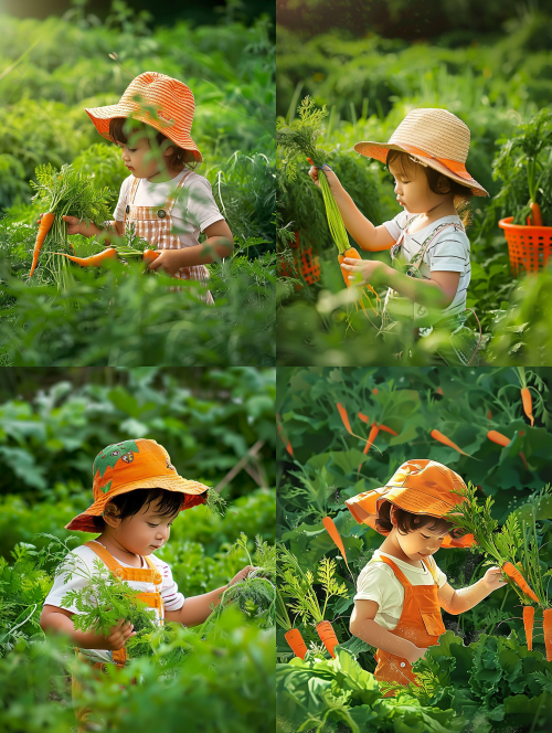 < https://oc.superx.chat/img/1776101593631.jpg >  a child wearing an orange hat and white striped t-shirt is picking carrots in the green vegetable field, holding some fresh carrot leaves in their hand. the background of the photo shows endless green vegetables, with soft lighting creating a warm atmosphere. this scene highlights the natural scenery and adds elements such as hands to emphasize the activity of harvesting carrots.  --ar 3:4