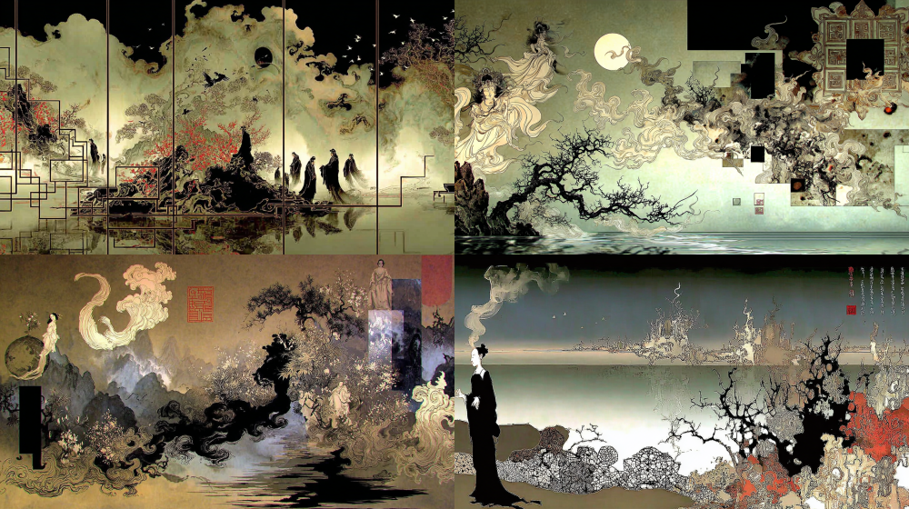 3D digital ink wash masterpiece, vertical composition, divided into abstract geometric frames and color blocks, the left side features a blurred Dunhuang flying figure, scattered desert solitary smoke, the bottom center shows faded geometric Dunhuang mural patterns, creating visual diagonal balance, the upper right corner has a partially erased sculpture, tranquil flying figures, Zen research, landscape painting, a combination of figurative and abstract art, blending classical and modern art, fusion of romanticism and digital art, gradient colors, various dark abstract color blocks, lines and geometric structures in negative space background, oil painting texture, 3D digital rendering, partial highlights, strong light and shadow contrast, emphasizing the foreground, cool and warm color contrast, low saturation, top light source, high detail, ultra-clear focus, 8K, photo quality, surrealism. --c 10 --sref 168844895 --p ypac8t3 --ar 16:9