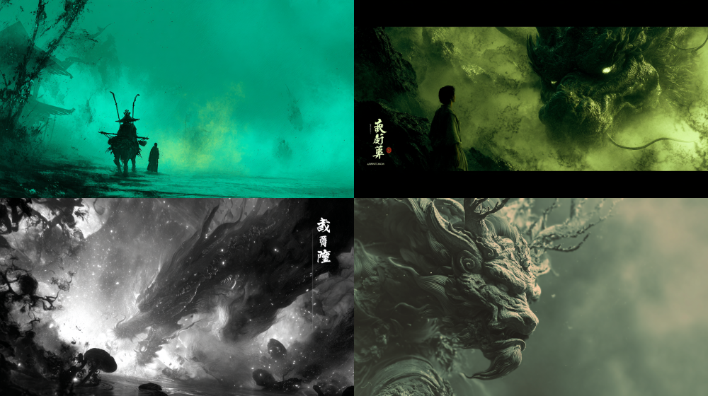 [] Chinese fantasy movie texture, ink wash biological fluorescence Eastern aesthetics, dynamic light and shadow blockbuster feeling, mysterious and shocking warmth and philosophical thinking Chinese mythology creature, Shan Hai Jing,kylin, ink wash style, bioluminescent, cinematic lighting, 8K,	, ++ 3D +  →  → /.   --ar 16:9  --v 7