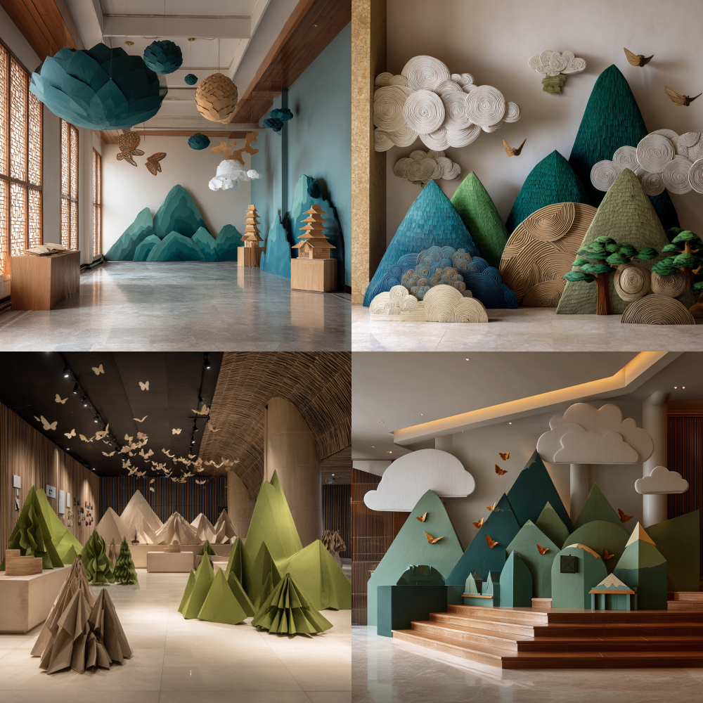 In this space, simple and abstract decorative installations are required, including elements such as green mountains, clouds, butterflies, birds, and totems of ethnic minorities, made of paper or wood materials