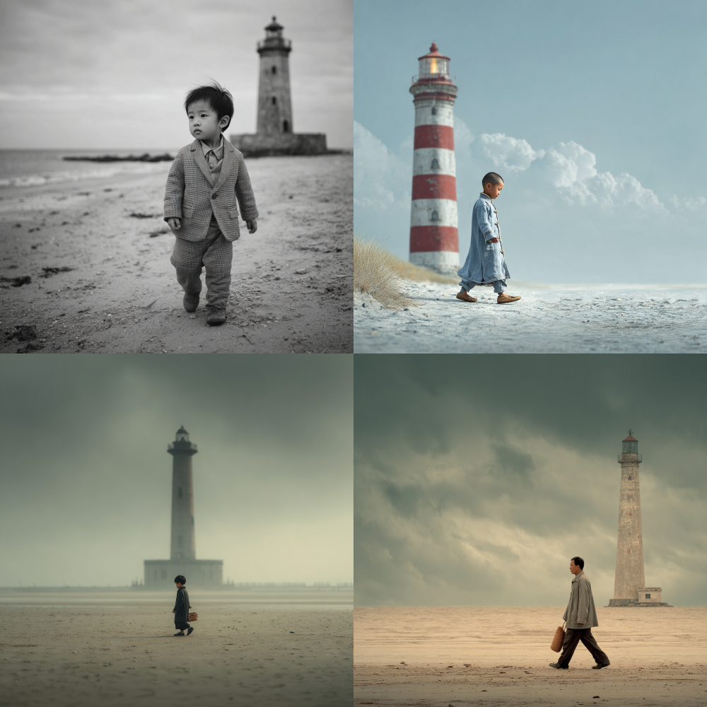 A Chinese man of one year old, dressed decently, is taking a walk by a beach with a huge lighthouse next to him, in the style of a movie 35 