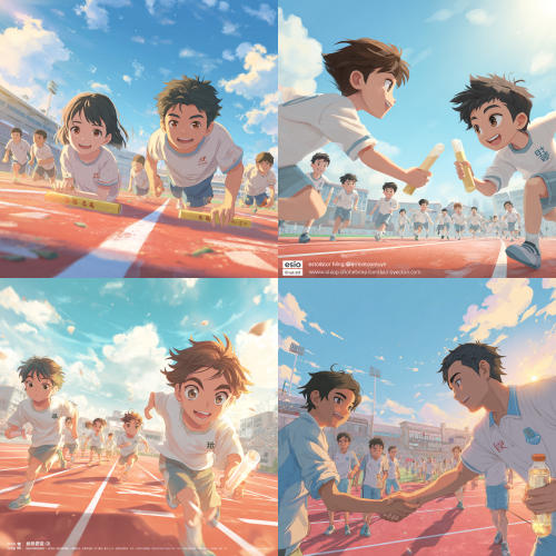 帮我生成图片：图片风格为 「平面插画」，帮我生成一幅漫画插画，符合中国校园场景：大学标准田径运动场，红色塑胶跑道，远处看台上有老师和同学在鼓掌、挥动小旗。天气晴朗，蓝天白云，阳光从左上角斜照，营造温暖明亮的氛围。核心动作：画面中央偏右的位置，一位身穿白色运动服、胸前印有校徽的学生（代表“传递者”）正将手中的发光接力棒递向另一位学生（代表“接棒者”）。接力棒整体呈半透明水晶质感，内部有一个清晰的“廉”字，并散发出柔和的淡金色光芒。接棒者身体微微前倾，右手伸出，眼神坚定且带着微笑，准备握住接力棒。周围人物：跑道上还有其他几位学生选手，他们手中拿着不同的接力棒，上面分别写着“诚”“信”“正”“洁”等字样，各自在奔跑或准备交接。这些接力棒虽然没有“廉”字棒那么耀眼，但也微微发光，形成呼应。细节元素：跑道地面上画着白色的分道线，线条干净利落。背景看台上有一面横幅，写着 “清风润校·廉洁育人”（与海报主题一致）。远处操场的草坪上，有一棵小树苗正在阳光下生长，暗示廉洁文化的根基与未来。所有学生的表情都是积极、专注、充满活力的，没有负面或讽刺元素。色彩与光影：主色调：红（跑道）、绿（草坪）、白（运动服）、金（接力棒光芒）。光影：阳光从左上45度角照射，人物轮廓有淡淡的高光，接力棒的光芒在人物脸上产生暖色的反光。整体风格：半写实插画，略带青春动漫感，画面通透、明亮、积极向上。构图：采用广角透视，低角度仰拍，突出接力棒的光芒和交接瞬间的动感。焦点集中在两只手和接力棒上，背景略微虚化但能看清横幅和看台