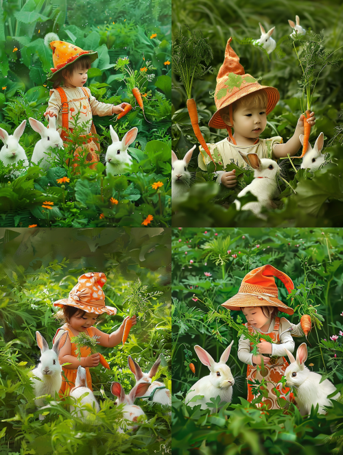 < https://oc.superx.chat/img/1776100505123.jpg >  a child wearing an orange hat is picking carrots in a green vegetable field, surrounded by white rabbits holding green leaves and flowers on their backs. this is a high-definition, realistic photograph in the style of photography.  --ar 3:4