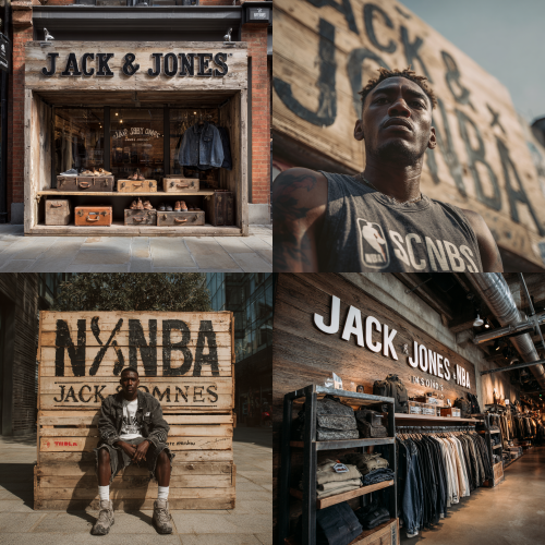 Need to take a frontal shot Front shot Front, a whole row A retro wooden board with three-dimensional text on it, the content of the text “Jack&Jones x NBA”