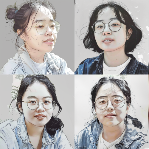 Half body portrait, don't imitate all the details of the original image, you need to process something else yourself, change the character's clothing, posture, and background. Painting style, wearing glasses, relatively chubby < https://oc.superx.chat/img/1774362125496.png > A 35-year-old Asian woman, linear sketch, pencil drawing lines, high contrast, sketches, traditional media, half-length portrait1:1  --v 6，身材很胖