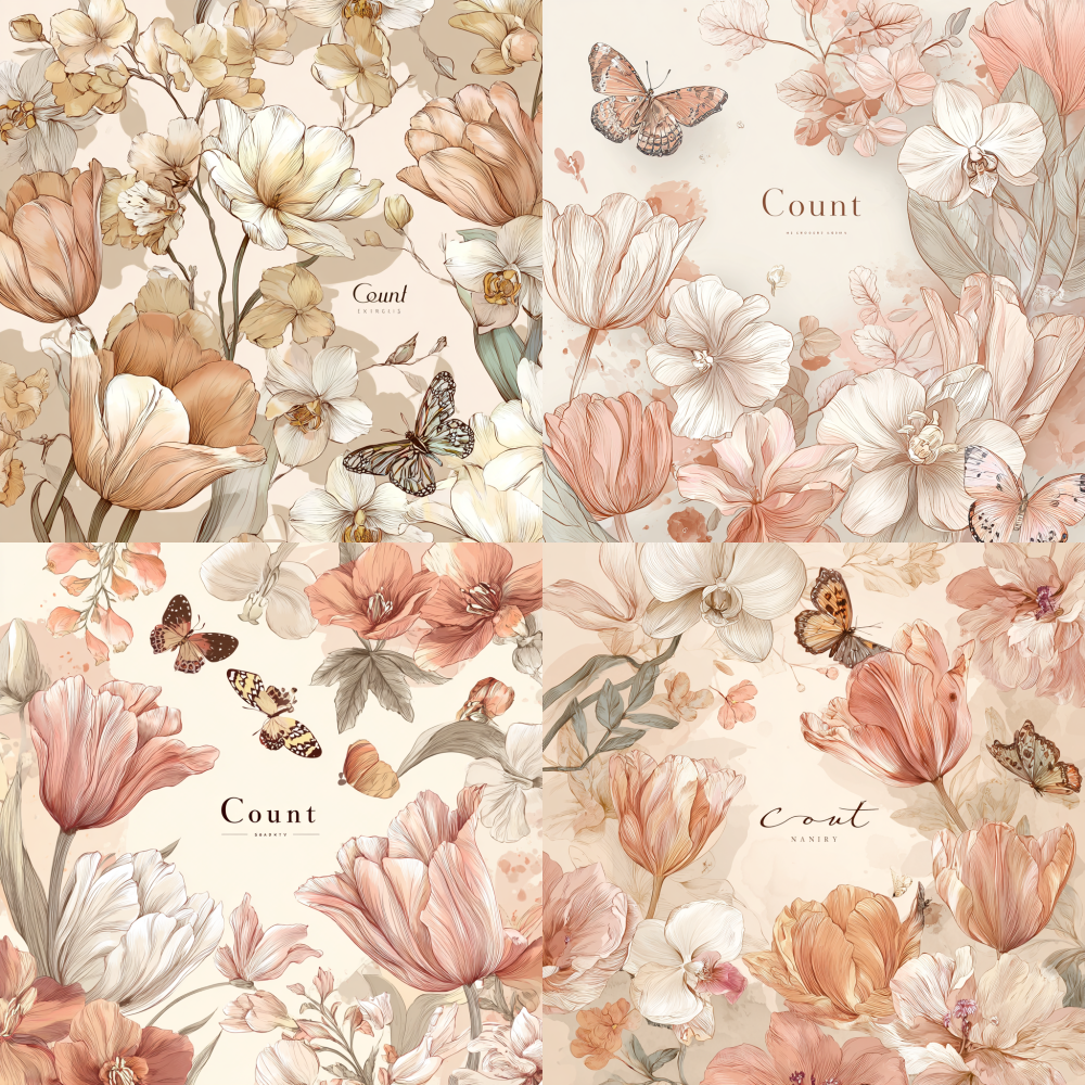 A soft peach and cream-toned background is adorned with hand-painted tulips, orchids, and butterflies. The design is exquisitely crafted, employing soft hues and a flat illustration style that blends digital art with line-drawing techniques. The overall effect is a minimalist floral pattern featuring delicate, flowing lines that evoke a vintage charm with watercolor-like effects. A soft peach and cream-toned background is adorned with hand-drawn tulips, orchids, and butterflies, featuring the word “Count” at its center. The elegant and refined design employs soft color palettes and flat illustration techniques, blending digital art with line drawing methods to create a minimalist floral motif. Delicate strokes outline intricate textures, achieving both a vintage charm and a watercolor-like softness.