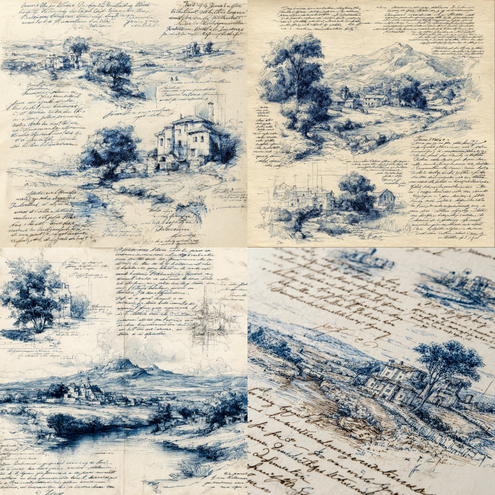 graceful sectional countryside landscape illustration, intricate blue ink pen on creamy textured parchment, meticulous dimension marking lines, handwritten French annotations in exquisite calligraphy, gentle loose hatching shading, minimalist raw sketch aesthetic, soft muted neutral backdrop, sophisticated minimalist draft --ar 1:1 --style raw --s 200