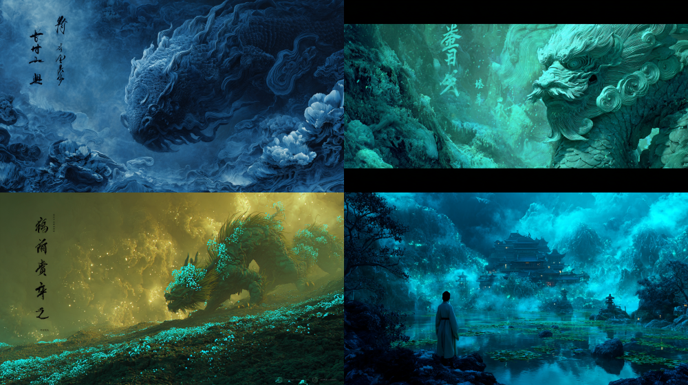 [] Chinese fantasy movie texture, ink wash biological fluorescence Eastern aesthetics, dynamic light and shadow blockbuster feeling, mysterious and shocking warmth and philosophical thinking Chinese mythology creature, Shan Hai Jing,kylin, ink wash style, bioluminescent, cinematic lighting, 8K,	, ++ 3D +  →  → /.   --ar 16:9  --v 7