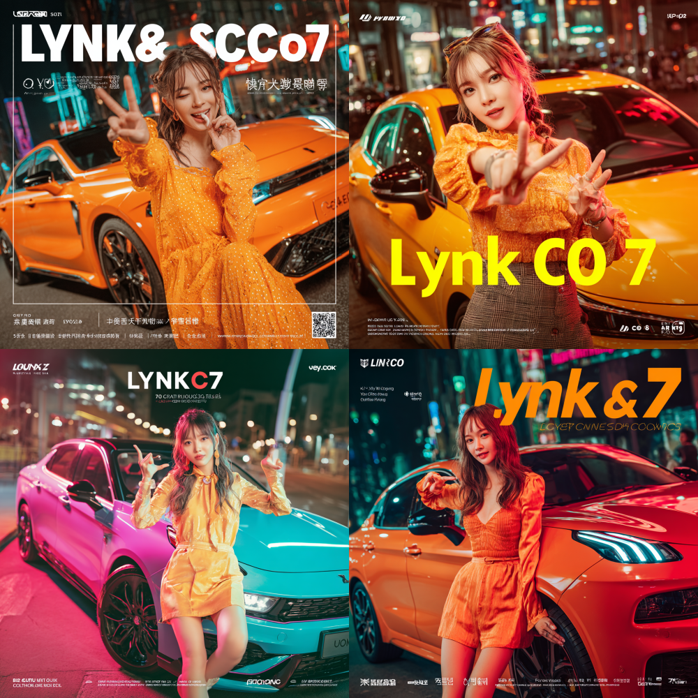 A promotional key visual for Lynk & Co 07 social media campaign, concept is "attracting attention and fortune". Beautiful Asian pop idol Song Yuqi stands next to a vibrant [color] Lynk & Co 07 sedan. She faces the camera with a playful and confident smile. With one hand, she makes a "number seven" gesture towards the camera, and with the other hand, she makes a "come here" or "gathering" motion, as if pulling in wealth and luck.Composition: dynamic low-angle shot, close-up to create intimacy and energy. Shot on a modern street with colorful bokeh lights in the background.Style: trendy, viral social media post, high fashion, sharp focus, ultra-detailed. The image feels luxurious and fun.Color palette: bright and vibrant, dominated by the car's [color] and warm, golden hour lighting or neon accents to emphasize the "fortune" theme.Aspect ratio: 4:5 (ideal for Instagram/WeChat feed)