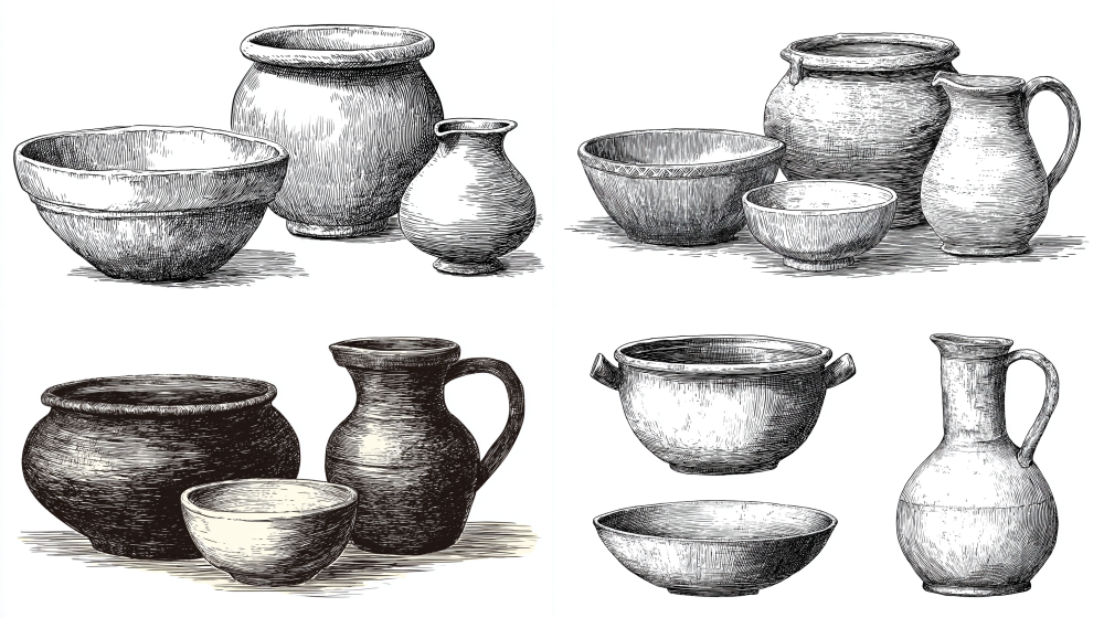 A set of primitive pottery isolated on white background: one cooking pot, one rice bowl, one water pitcher, black and white line drawing, style of Half Hour Cartoon History, crude handmade texture, no shadow, layout  --ar 16:9  --style raw