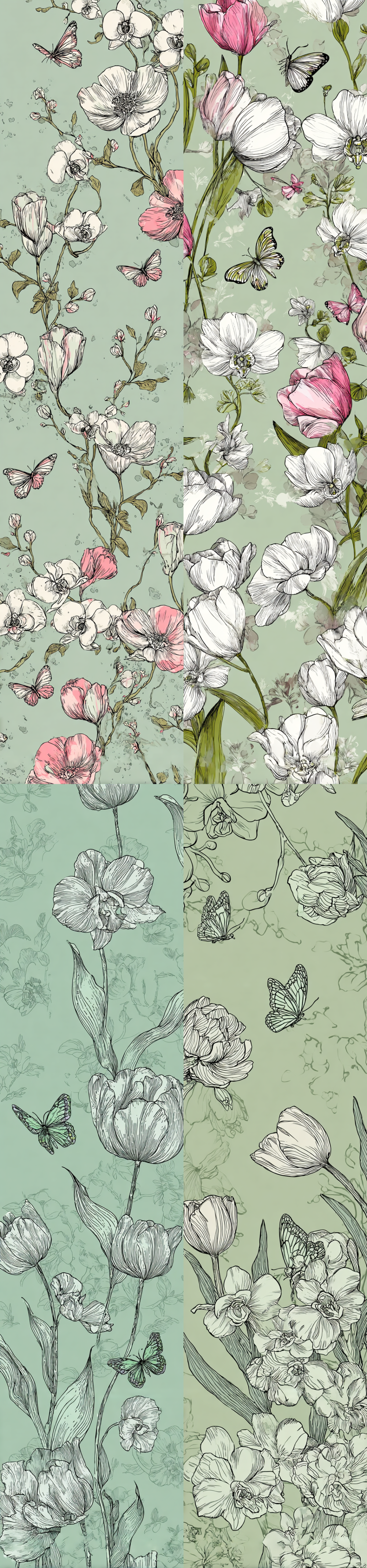 A soft pale green background is adorned with hand-drawn tulips, orchids, and butterflies. The design is meticulously crafted, seamlessly blending digital art with line-drawing techniques through soft tones and a flat illustration style. The overall minimalist floral pattern features delicate, flowing lines that evoke a vintage charm, while the watercolor-like effect adds an extra touch of elegance.    --ar 34:145
