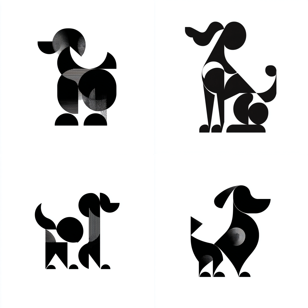 A minimalist flat vector graphic of an abstract dog, composed of simple rounded geometric shapes against a pure white background. Monochrome black.
