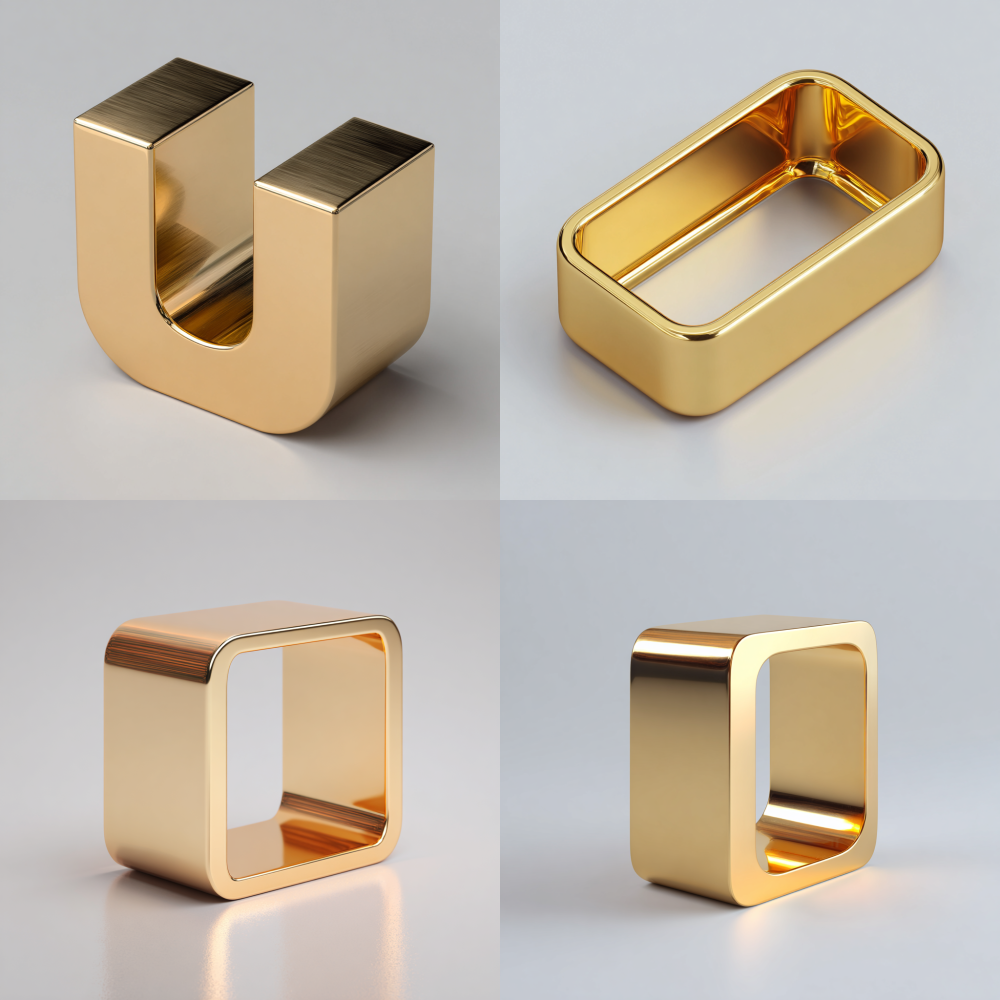 Photorealistic product shot of a U-shaped box made of polished gold metal, with a highly reflective surface. Minimalist design, isolated on a light gray background. Studio lighting, clean and sharp focus, 4k.