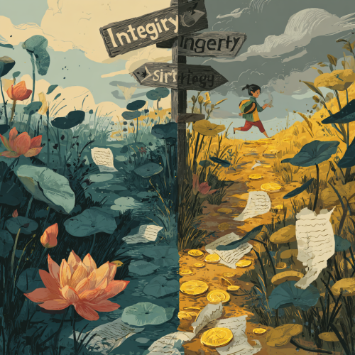 A split scene featuring two distinct paths. On the left path, vibrant lotus flowers and graceful bamboo thrive, with a sign reading "Integrity" as a cheerful student strolls by. The right path is littered with scattered coins and a torn exam paper, accompanied by a crooked sign that reads "Shortcut," while dark clouds loom ominously in the distance. At the center, a halted compass needle points towards the left. The style is flat illustration with striking color contrasts (lush greens on the left, muted grays and yellows on the right). --ar 1:1 --v 7 --stylize 100