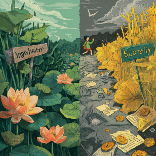 A split scene featuring two distinct paths. On the left path, vibrant lotus flowers and graceful bamboo thrive, with a sign reading "Integrity" as a cheerful student strolls by. The right path is littered with scattered coins and a torn exam paper, accompanied by a crooked sign that reads "Shortcut," while dark clouds loom ominously in the distance. At the center, a halted compass needle points towards the left. The style is flat illustration with striking color contrasts (lush greens on the left, muted grays and yellows on the right). --ar 1:1 --v 7 --stylize 100