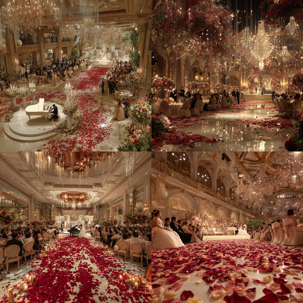 Generate a luxurious seven star hotel wedding scene: The wedding venue is adorned with sparkling crystal lights, full of guests, and a champagne colored carpet covered with red rose petals. The wedding scene is decorated in a romantic and luxurious manner, with a grand and European style venue featuring warm white and champagne gold as the main colors. Guests are dressed in formal attire and sit in a staggered manner, while the melodious sound of piano flows slowly, creating a full atmosphere. 