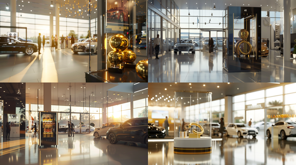 Store " Photorealistic image of a bright, modern car dealership (4S) showroom. **In one designated area**, a luxurious promotional display features a Golden Magnet Prize Machine. The machine has a **large, glossy gold U-shaped magnet** instead of a claw, positioned over **shimmering spherical golden gift boxes** inside its clean glass cabinet. The display is well-integrated and elegant, not garish. Surrounding the display are sleek new cars on the polished floor. Well-dressed sales consultants and potential customers are mingling in the background. Natural light from large windows mixes with warm interior lighting. Professional photography, realistic, high-end. --ar 16:9 --v 6.0 --style raw